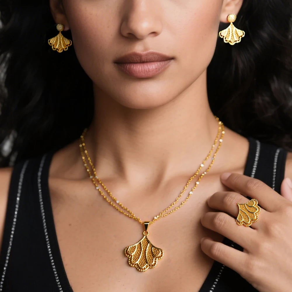 French Gold Color Charms Necklace Earrings Pins Ring Set for Women Fashion Gold Plated Party Wedding Christmas Jewelry Gift