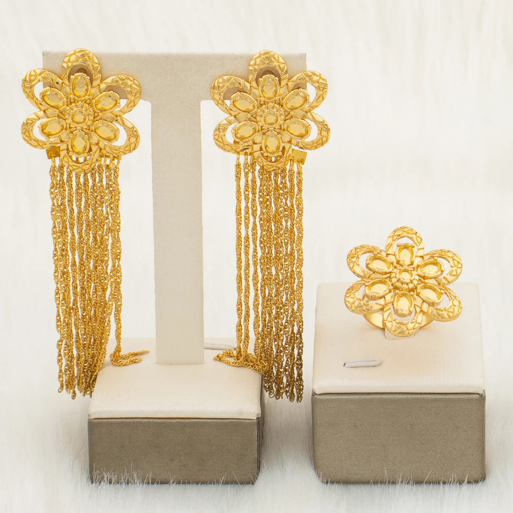 Dubai African Earrings and Ring Drop Long Earrings Flower Sexy Jewelry For Women Wedding Young Lady Big Light Weight Jewelry