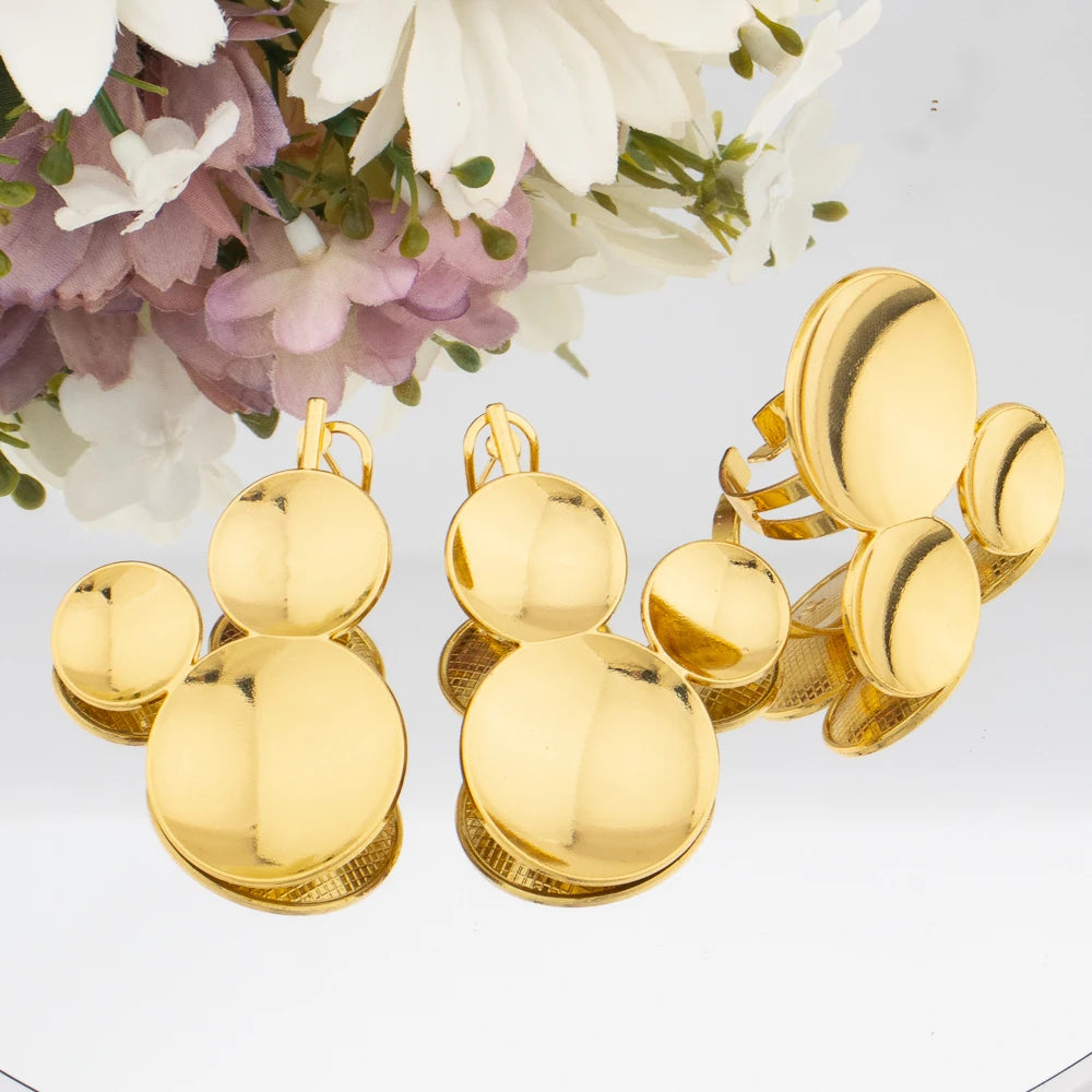 18k Gold Plated Clip Earrings and Finger Ring Dubai Copper Jewelry Set Fashion Earrings Jewelry for Women Party Gift for African