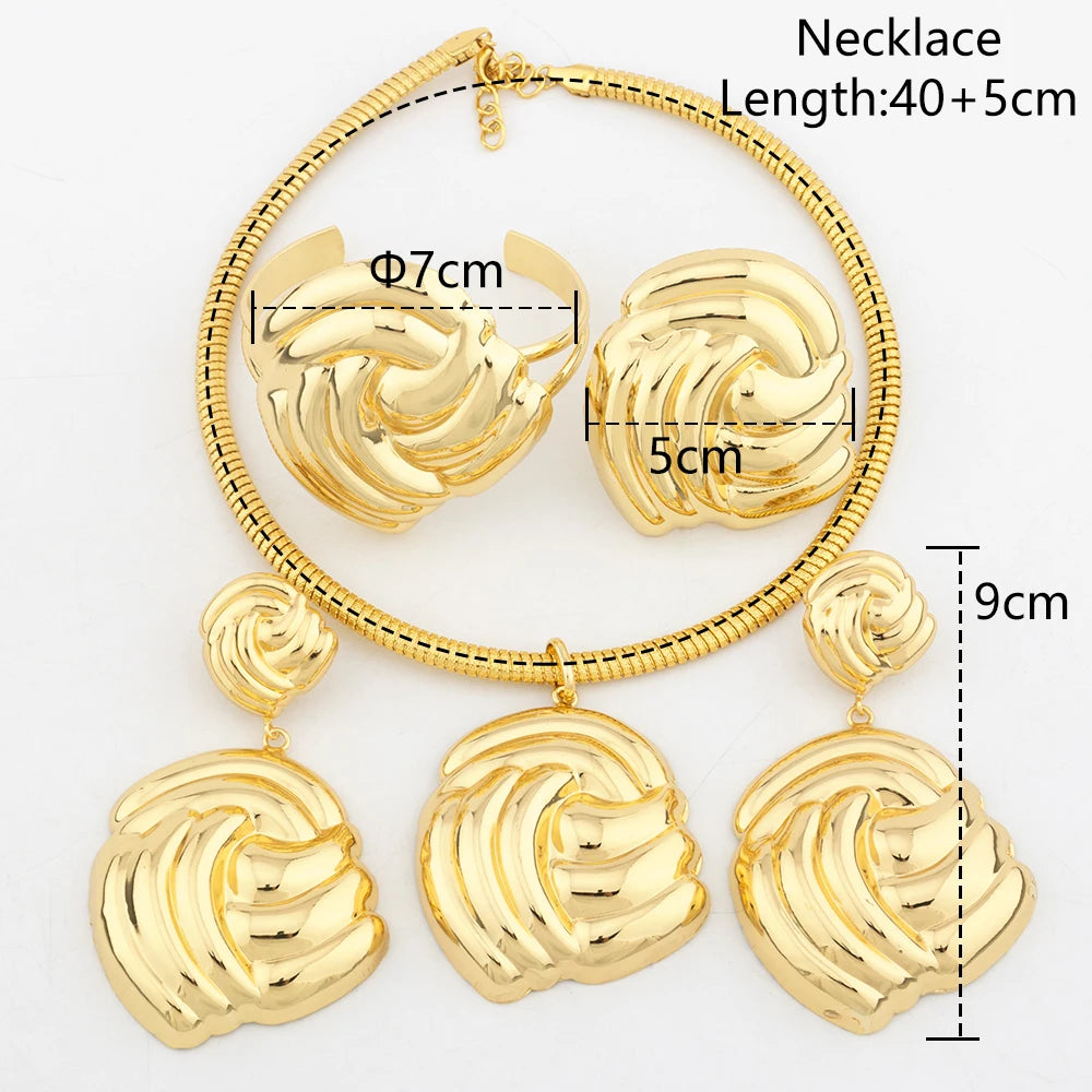 Women Jewelry Sets Big Pendant Earrings 18K Gold Plated Round Collar Nigeria Wedding Festival Gifts Classic Cuff Bangles Ring