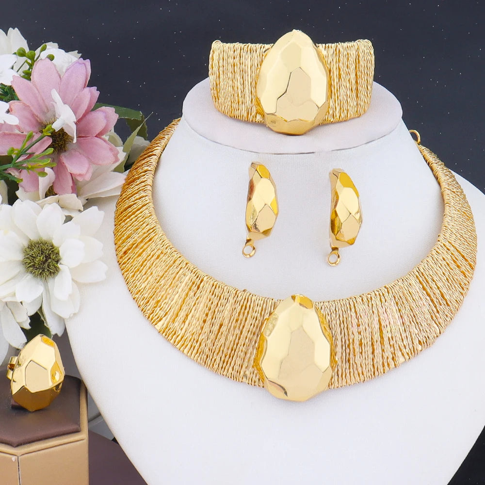 Fashion Gold Plated Weaving Necklace Earrings Bracelet Ring Set for Women Gold Color Bright Jewelry for Party Wedding Banquet