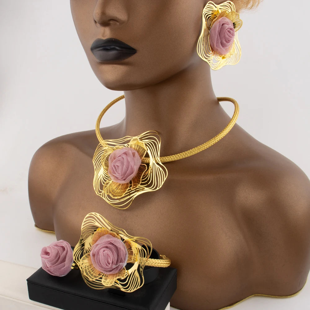 Shining Gold Plated Pink Big Flower Shape Necklace Bangle Earrings Ring Women Jewelry Set for Party Wedding Gifts