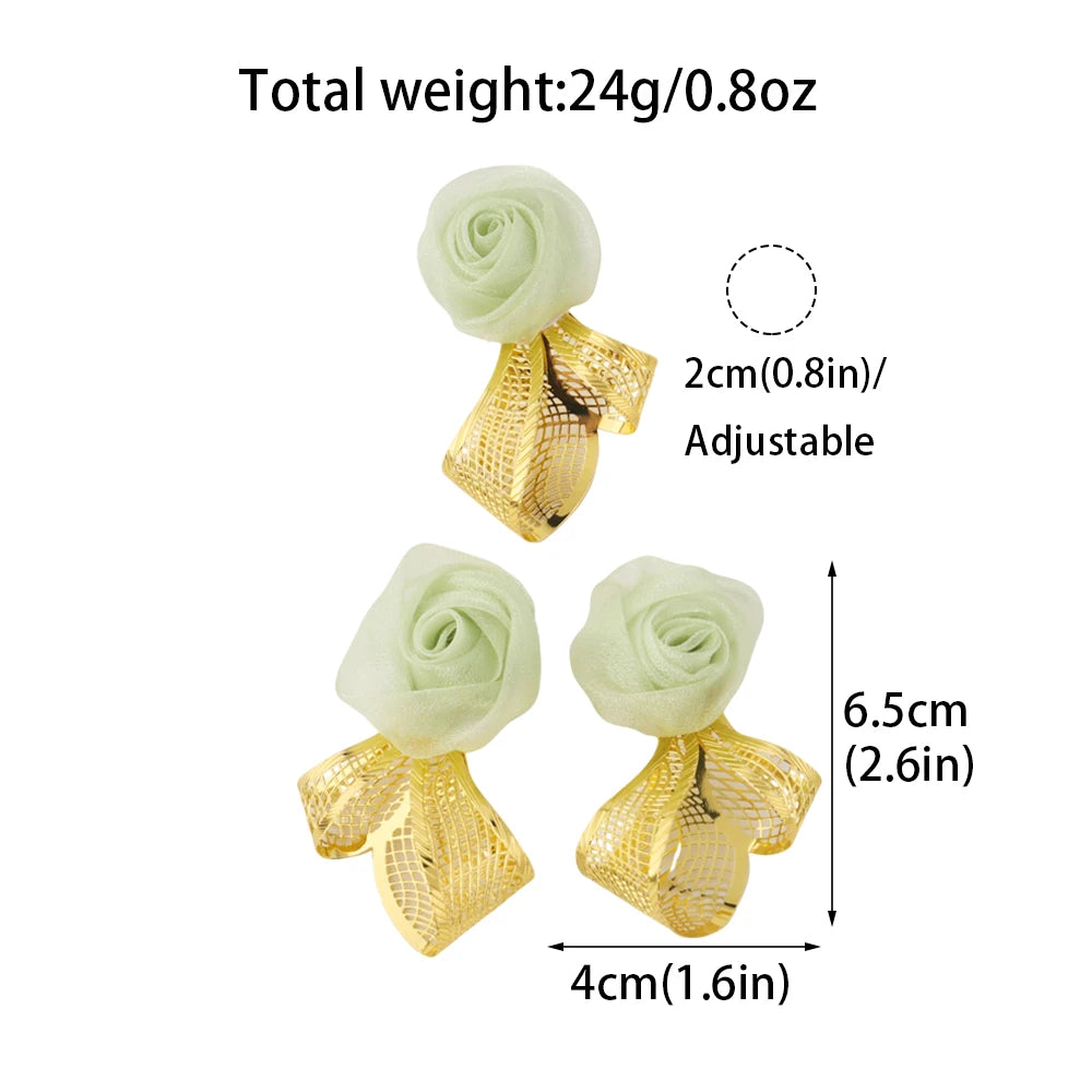 Woman Luxuury Earrings Ring Set Green Rose Shape Jewelry Set Trend Earrings Gold Plated Ring Apply to Party Wedding Banquet