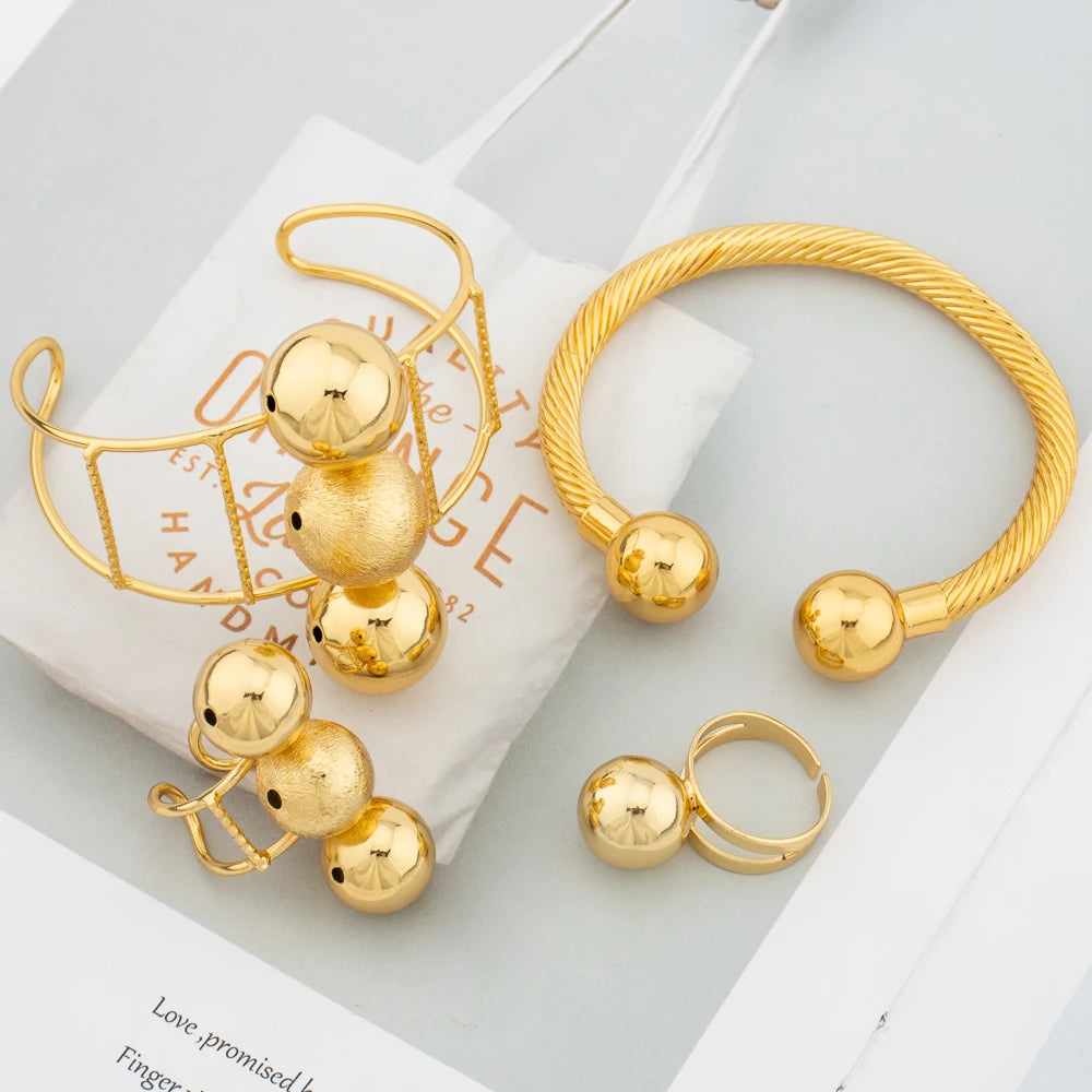 18K Gold Color Cuff Beads Bangle Ring for Women Luxury Design Arab Dubai Copper Bracelet Jewelry Nigerian Party Wedding Gift