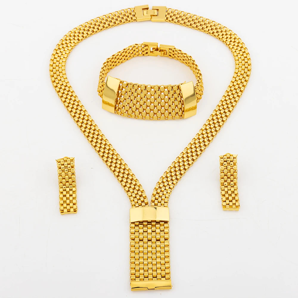 Gold Color Drop Earrings Necklace Set Fashion Women Dubai African Luxury Geometric Earrings Bracelet Italy Wedding Party Jewelry