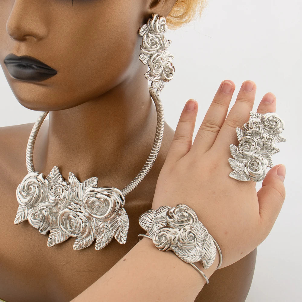 YM Sliver Plated Jewelry Set Women Party Collar Cuff Bangle Luxury Flower Pendant Large Earrings Ring Dubai Wedding Jewelry Gift