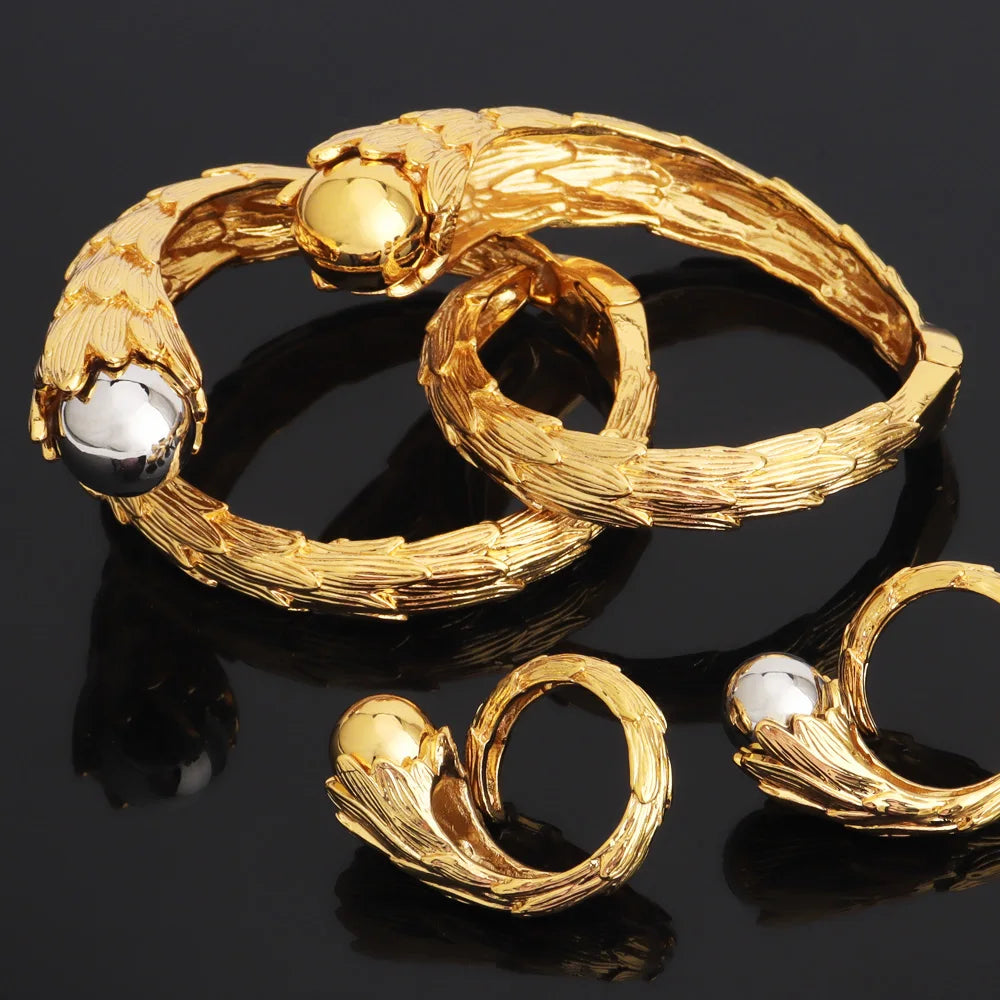 Bracelet For Women Gold Plated Woven Pattern Copper Zircon Bangle And Ring Dubai Jewelry Nigeria Trending Wedding Party Gift