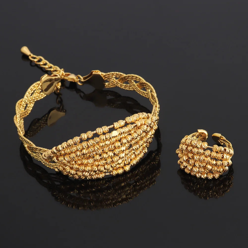 Vintage Gold Color Middle East Women Jewelry Set Ethiopia Multi Layer And Multi Bead Design Bangle And Ring Wedding Easter Gift