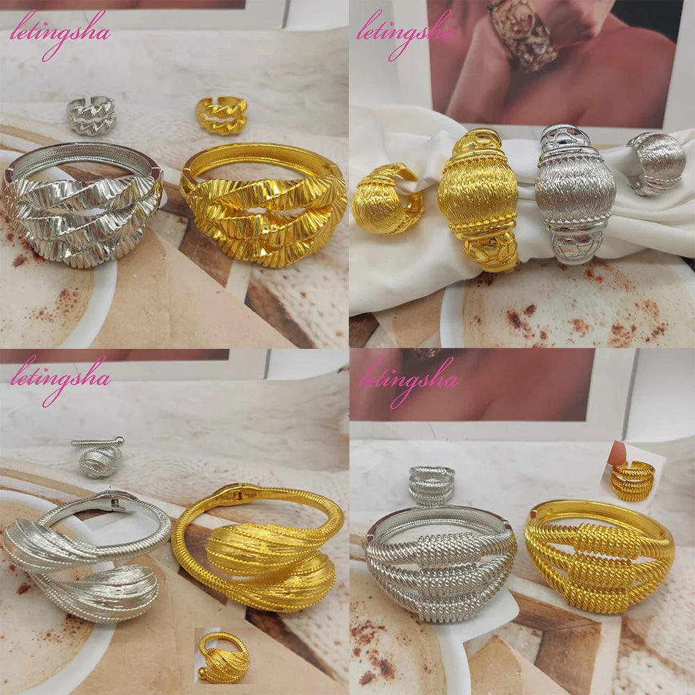 18K Gold Plated Bracelet Women Jewelry Nigerian Bangle With Ring Colorful Wedding Party Gift Dubai Hollow Out Design Bracelet