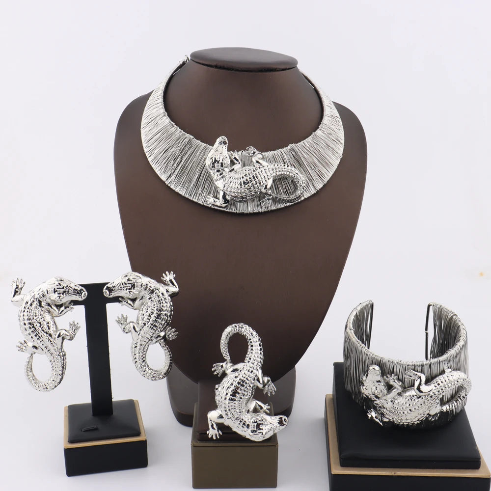 African Silver Color 4Pcs Jewelry Set Crocodile Necklace Earrings Punk Ring Bangle Dubai Wedding Party Anniversary Day Gift