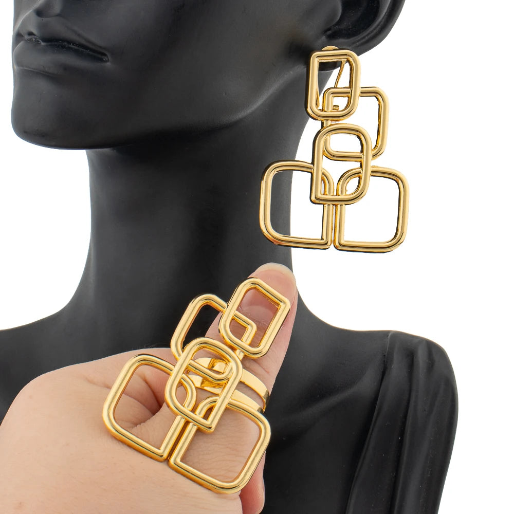Fashion Earrings and Ring Geometry 2pcs Jewelry Sets with Gift Box Dubai Gold Color Copper Jewellry for Women Wedding Party Gift