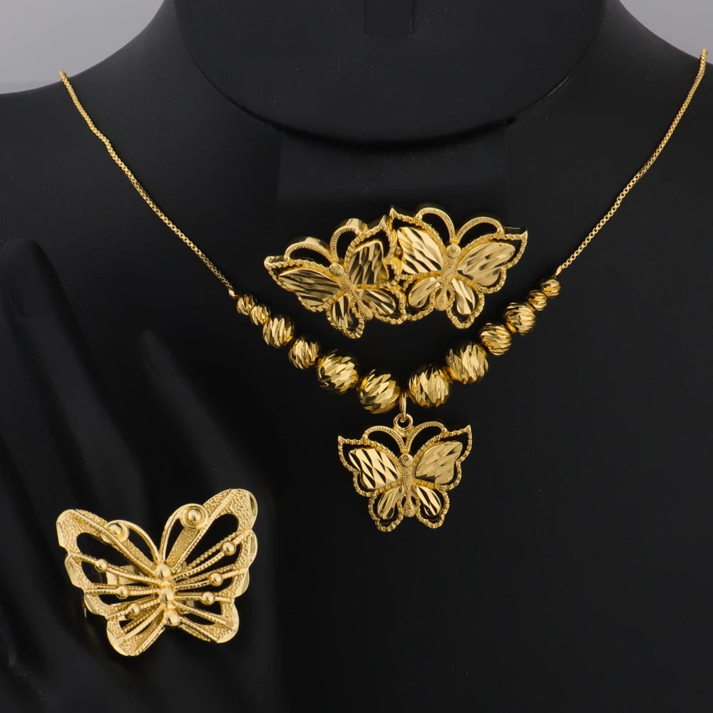 Dubai Gold Color Butterfly Necklace Earrings Ring Personalized Jewelry Set For Family Daily Wear Wedding valentine day gift