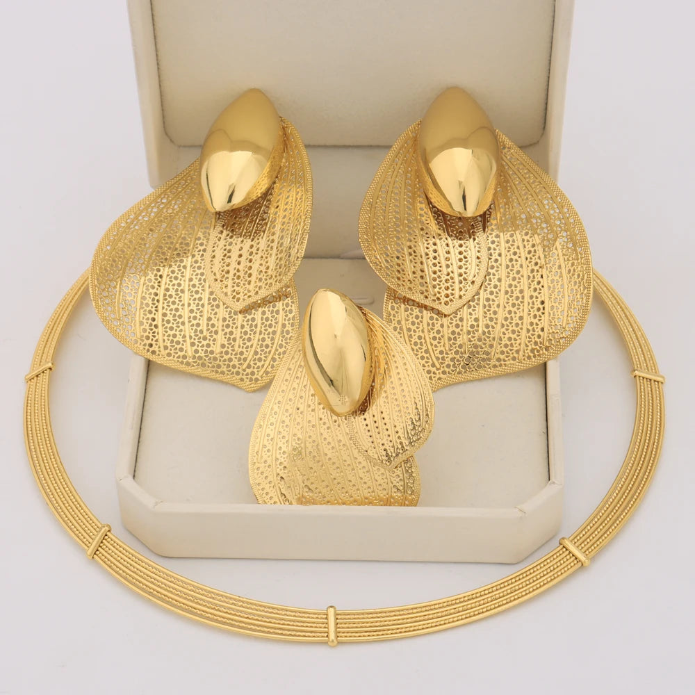 Luxury Jewellery Set For Brazil Bride Gold Color Earrings Ring Necklace Gift for Valentine's Day African Wedding Party