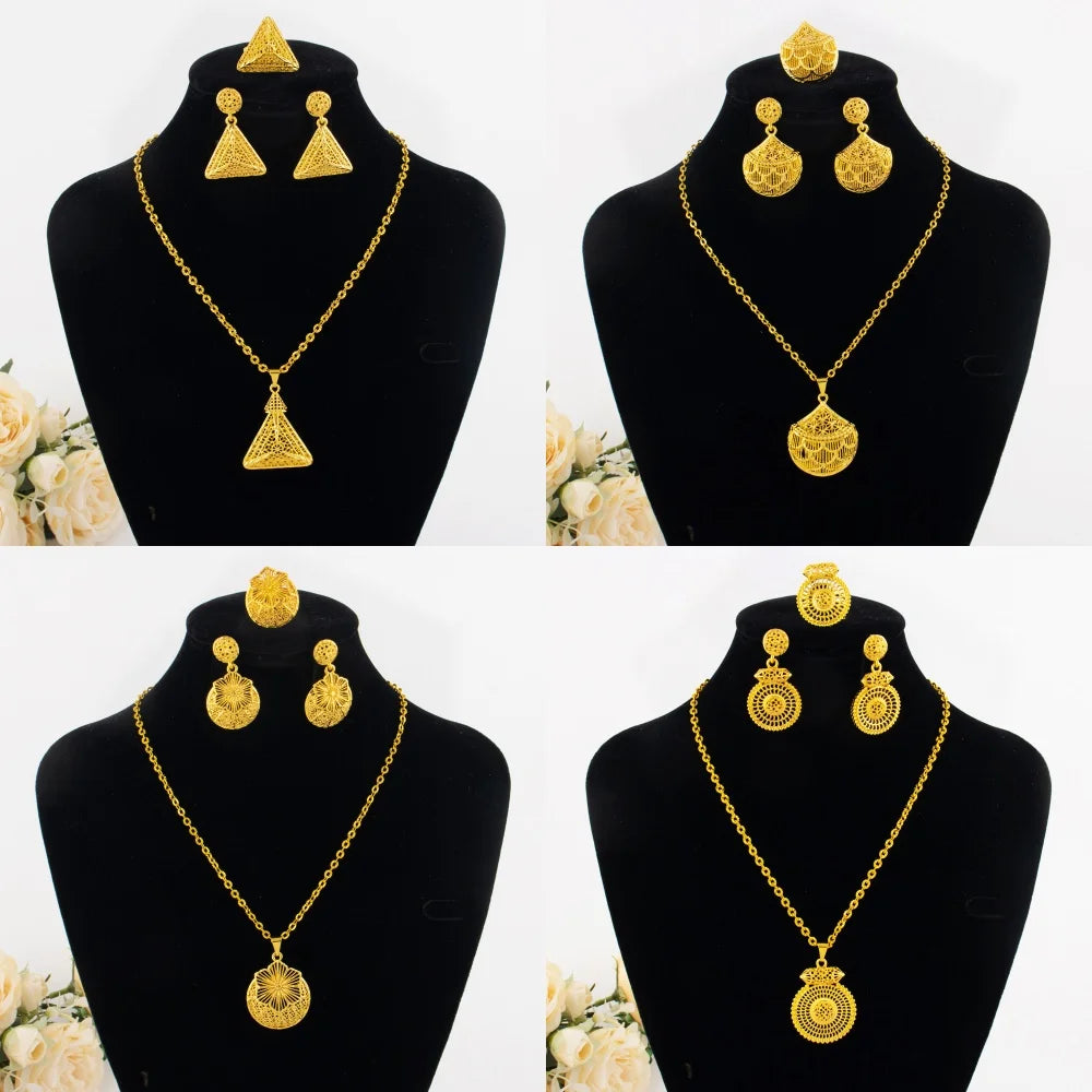 Luxury Arabic Gold Wedding Jewelry Set Gold Plated Dubai Bridal Necklace Earrings Ring Nigeria Women Vintage Jewelrys Gift