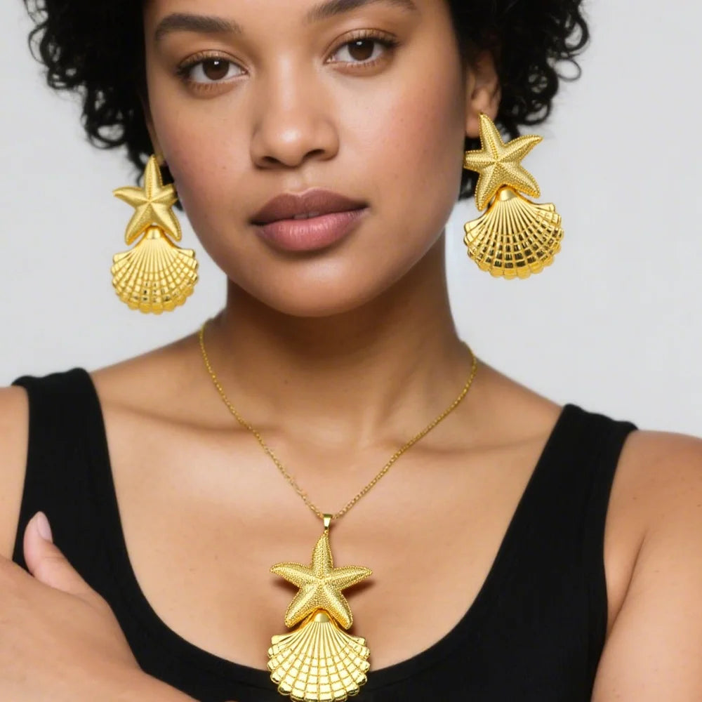 Dubai African Gold Plated Luxury Big Star Shape Necklace Earrings Set for Women Gold Color Jewelry Gift for Party Wedding Bride