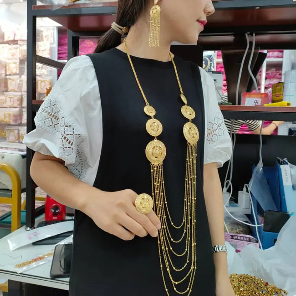 YM Long Necklace Earrings Ring Set Elegant Women Jewelry Set 18K Gold Plated Chain Adjustable Ring Tassel Earrings Wedding Party