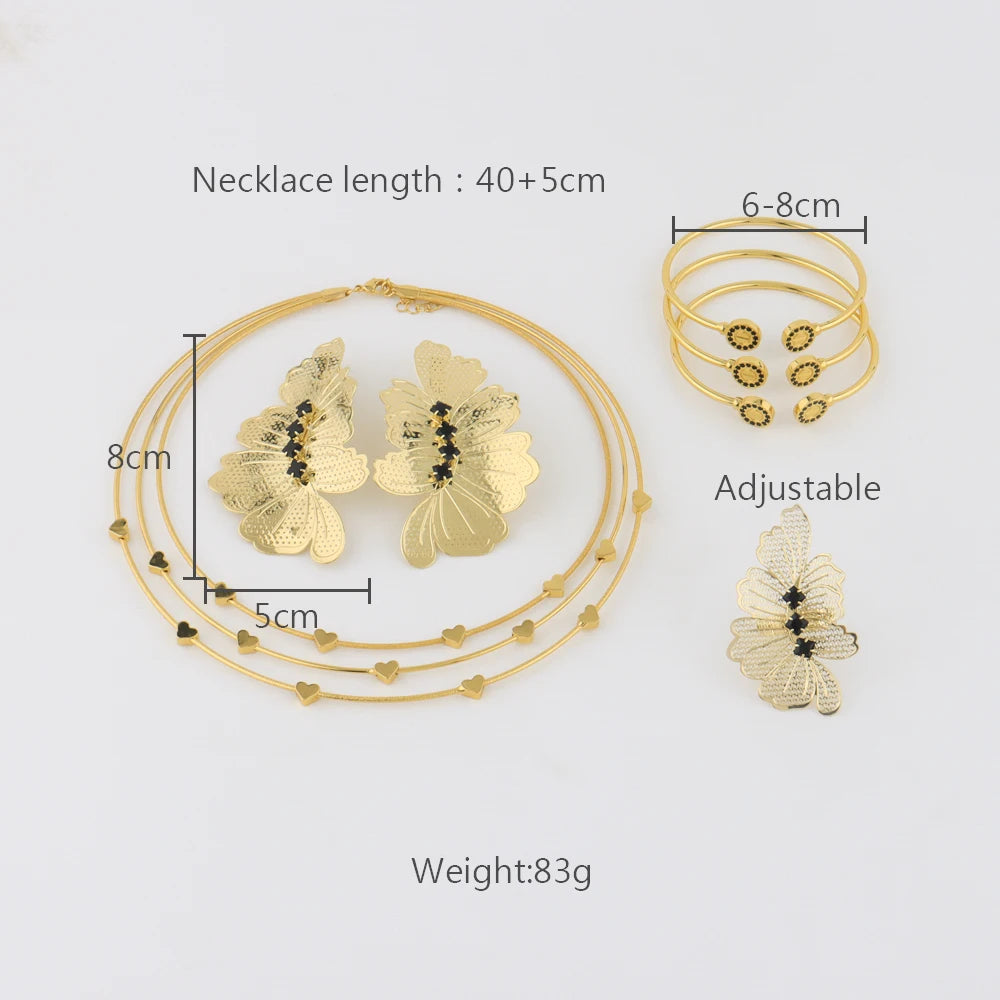 2025 Women Gilding 4Pcs Jewelry Sets Butterfly Shape Earrings Necklace Ring and Bangle Set Gift For Party African Wedding