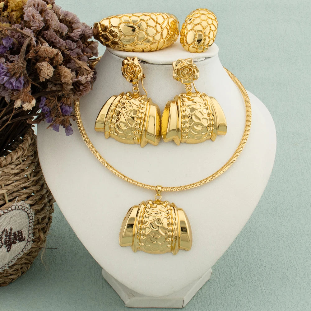 Africa Necklace Earrings Jewelry Set for Women Gold Color Metal Dubai Big Exaggerated Hoop Earrings Punk Jewelry Accessories