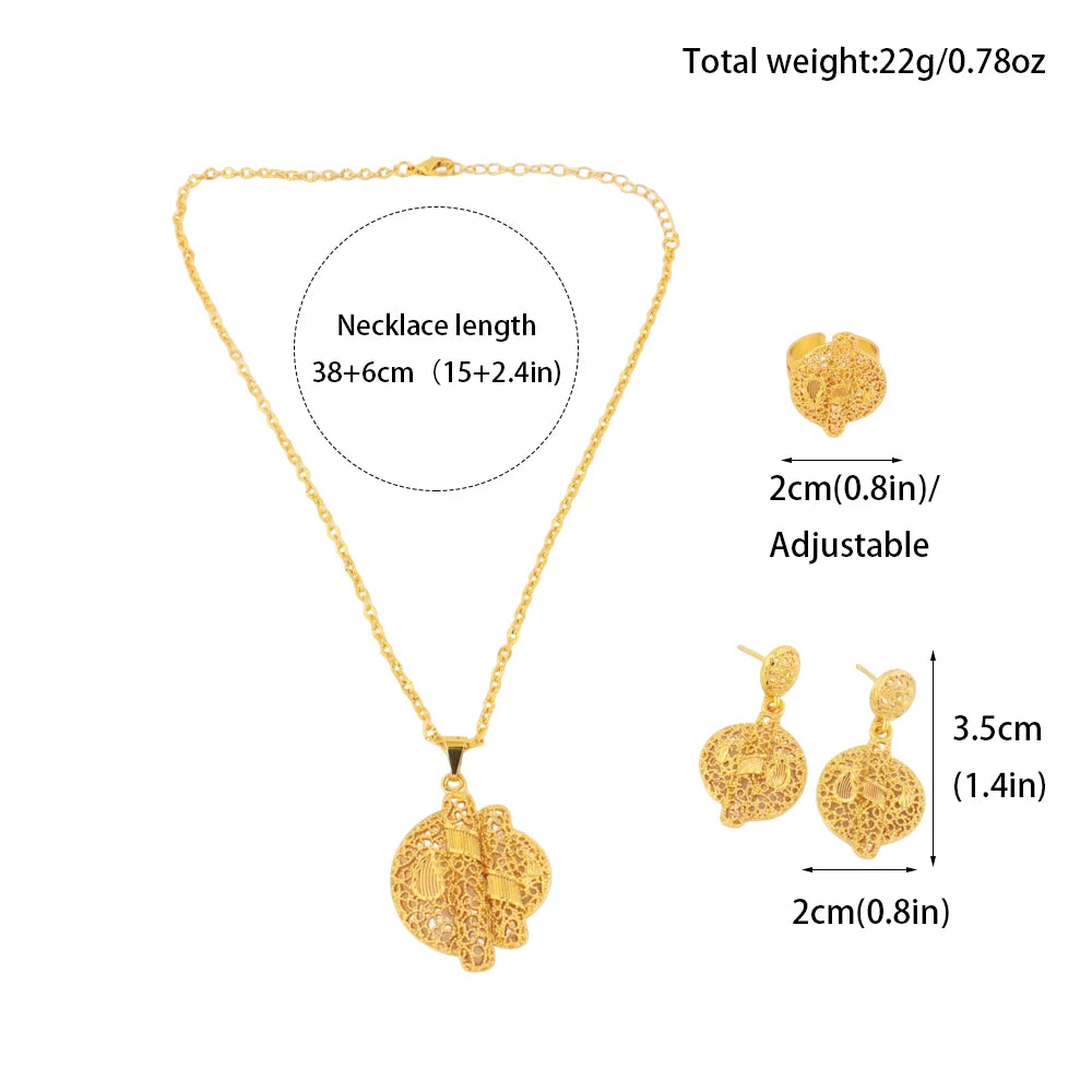 YM Gold Color Complex Patterns Women Jewelry Set Mid East Dubai Earrings Ring Necklace Jewelry Wholesale Gift for Mother's Day