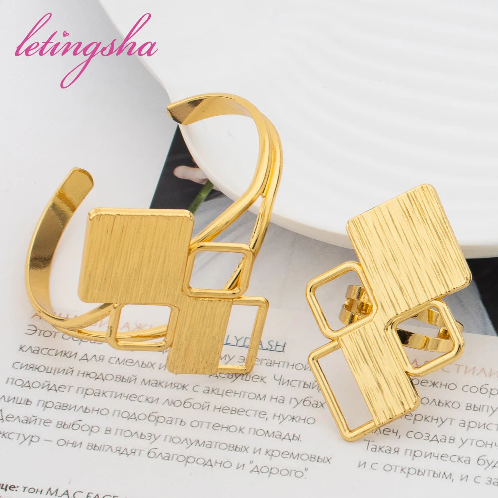 Large Bracelet Ring Set African Copper Cuff Bangle for Women Luxury Fashion Jewelry Italy Dubai Gold Color Jewelry Party Gift