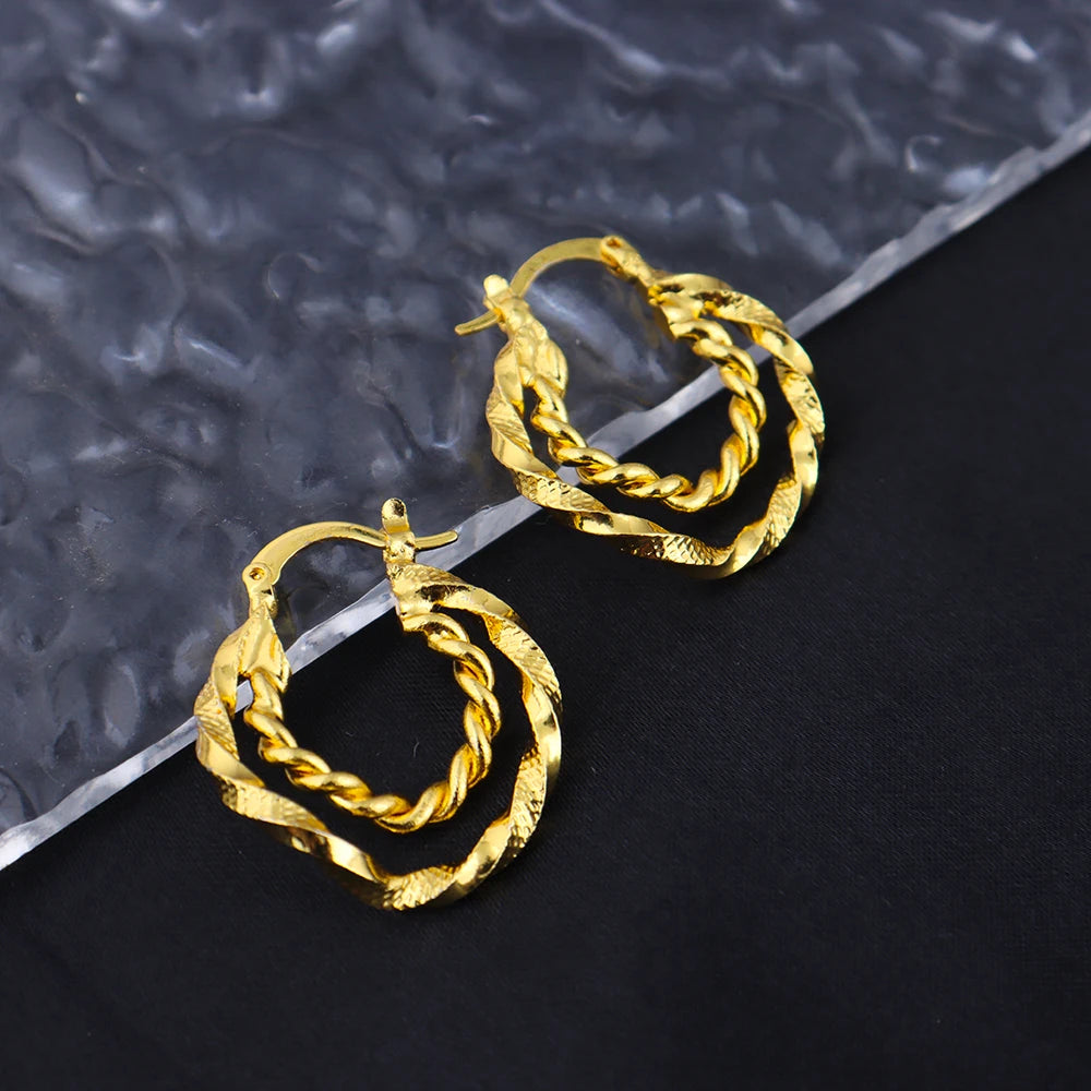 Dubai Jewelry Gold Warped Geometry Necklace Earrings Set for Women Girl Gold Color Jewelry Gift for Party Wedding Bride free shi