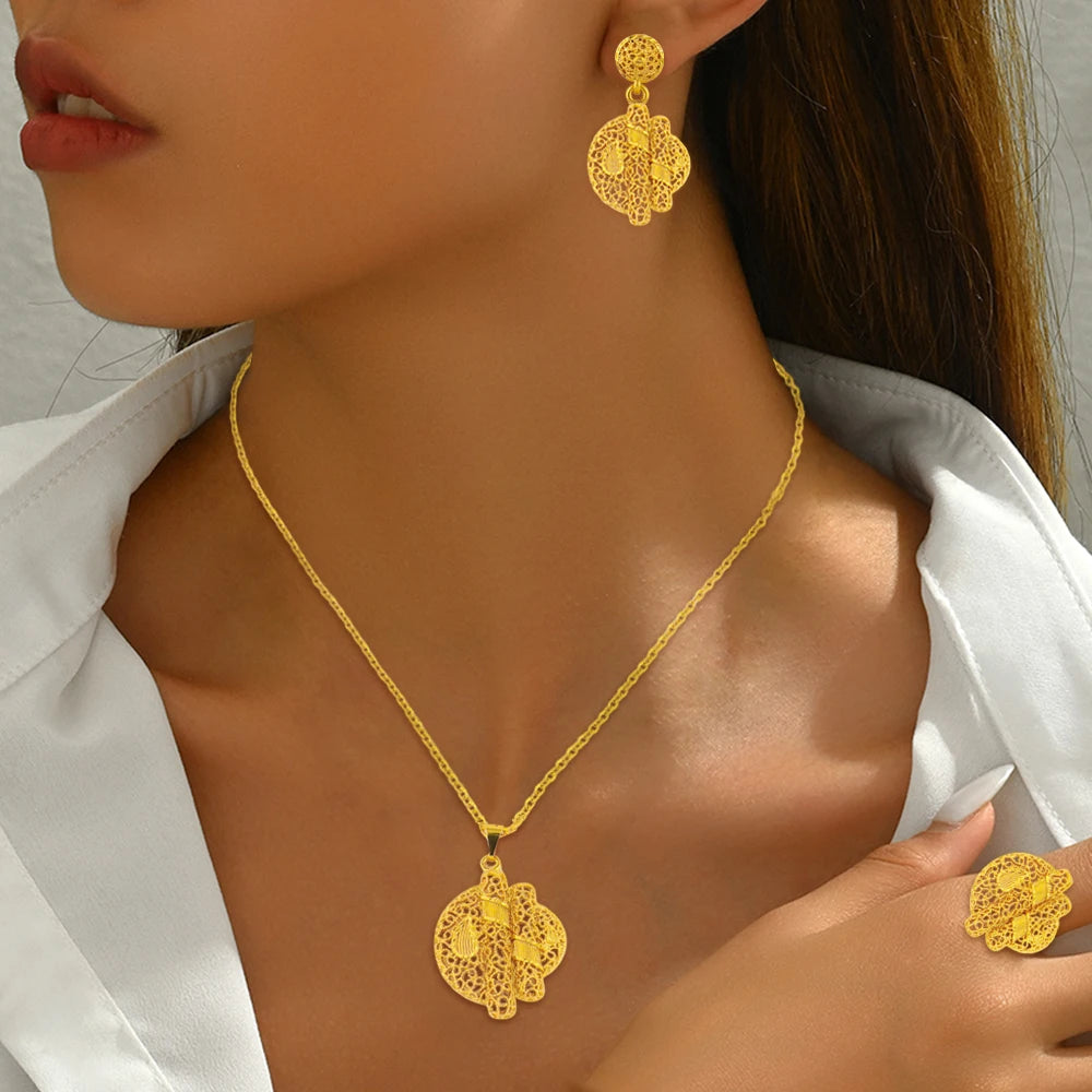 YM Gold Color Complex Patterns Women Jewelry Set Mid East Dubai Earrings Ring Necklace Jewelry Wholesale Gift for Mother's Day