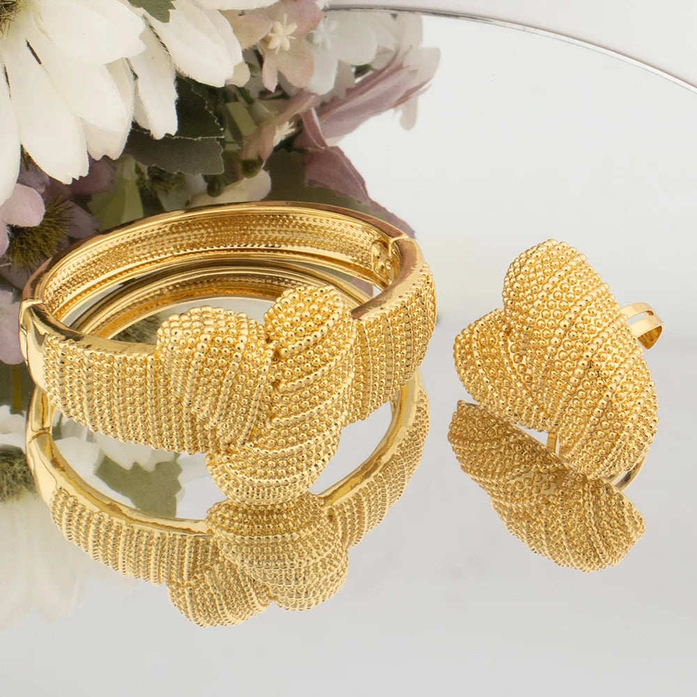 Copper Big Golden Bangle with Ring Sets African Women Fashion New Design Large Bracelets Gold Color Jewelry Dubai Party Set