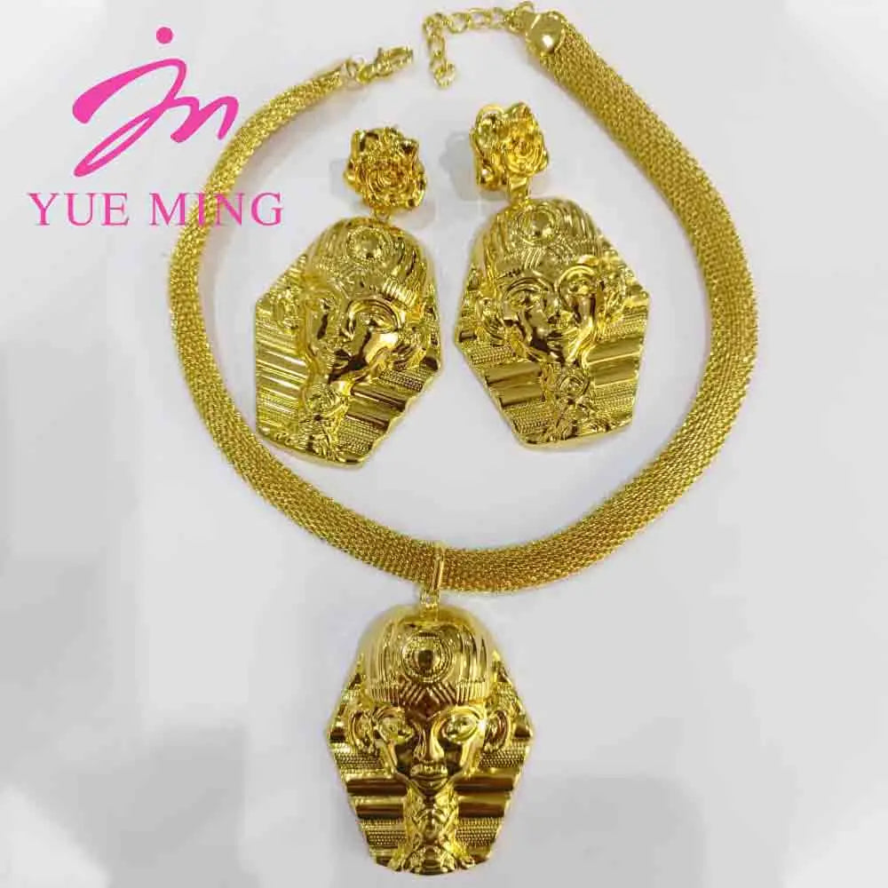 Vintage Jewelry Set Pyramid Ancient Egyptian Pharaoh Pendant Gold Color Copper Necklace Earrings Lady Jewelry Accessory Gifts