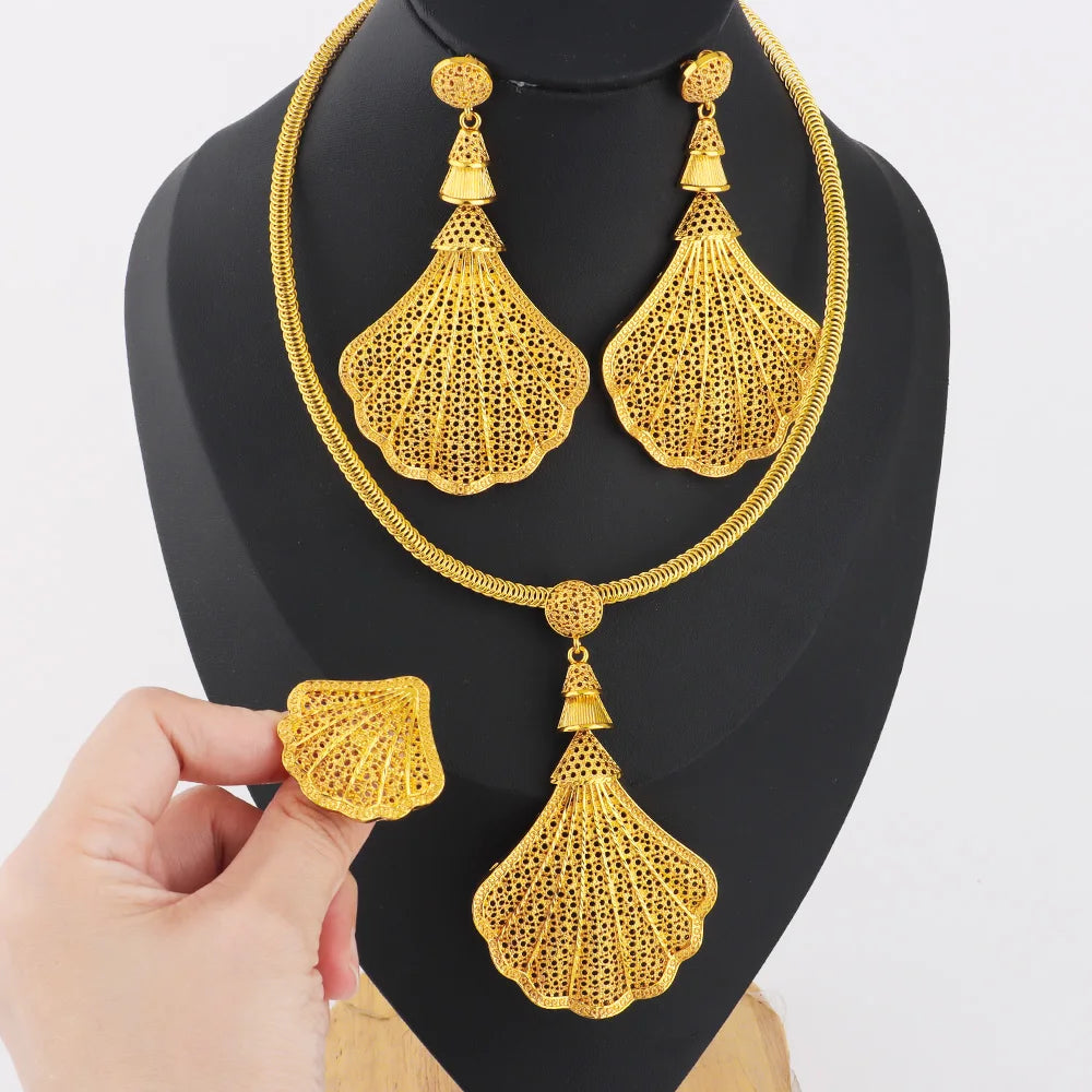 Luxury Gold Plated Necklace Bracelet Ring Set for Women  Jewelry Gift for  Quality High Sense Chain Necklaces Party Jewelry Gift