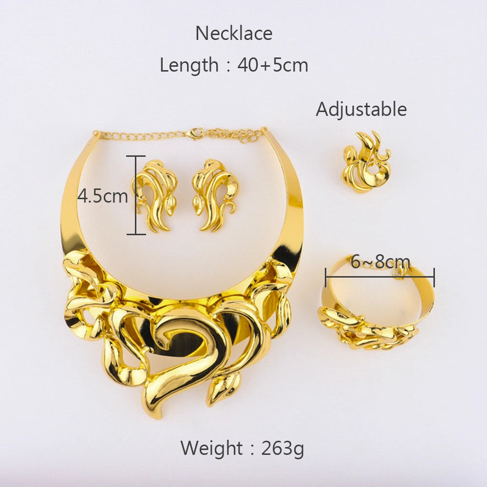 YM African Women Gold Color Fire Shape Jewelry Sets Luxurious Earrings Bangle Necklace and Ring Sets Gift For Banquet Wedding