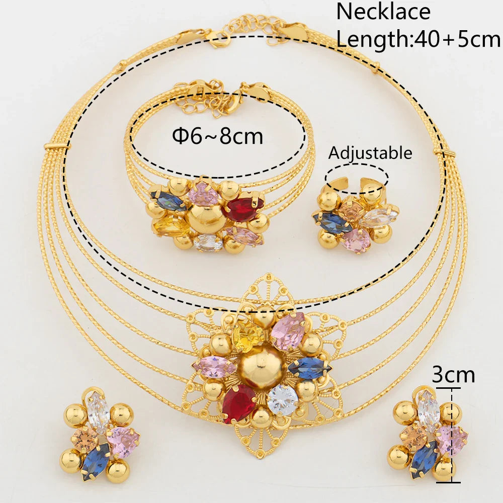 Gold Plated Jewelry Women's Brazilian Dubai Italian Necklace Earrings Wedding Party Banquet Colored Zircon Pendant Bangles Ring - YUEMING JEWELRY