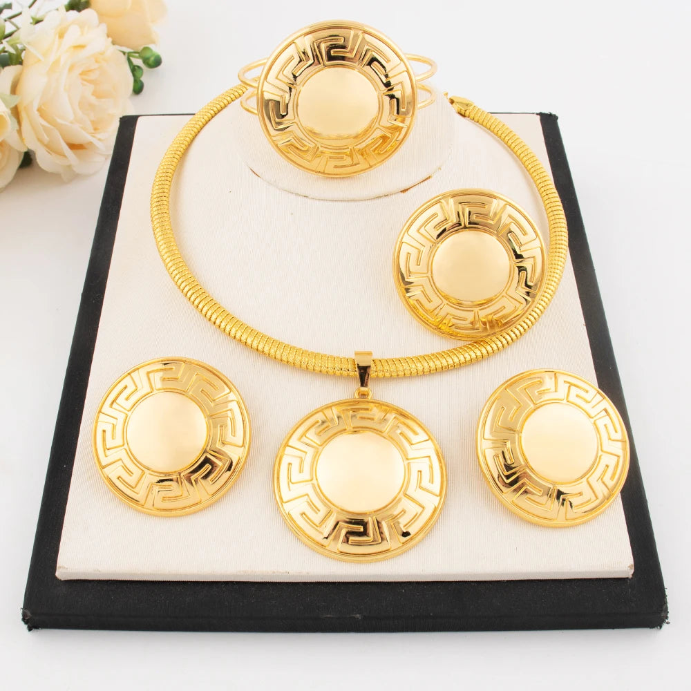 Dubai Luxury Gold Plated Jewelry Set for Women Wedding Nigeria Circle Necklace Earrings Bracelet Ring for Party Gift Daily Dress