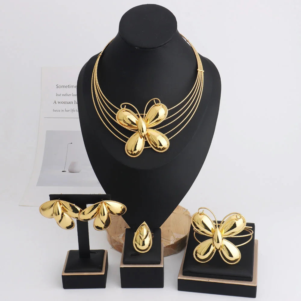 Luxury Gold Color 4Pcs Women Jewelry Set  Nigeria Fashion Butterfly Shape Necklace Earring Bangle Ring For African Party Wedding