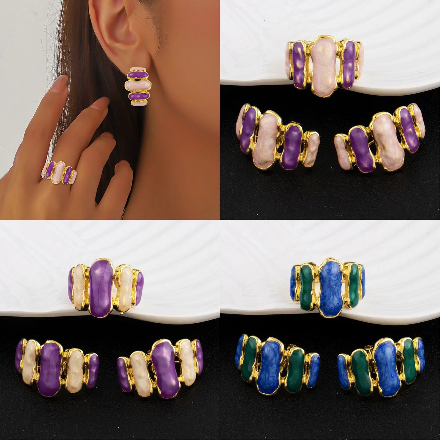 4Pcs Fashion Textured Heart Flower Shape Earrings Ring Set for Women Gold Color Stainless Steel Earring Jewelry Gift Wholesale