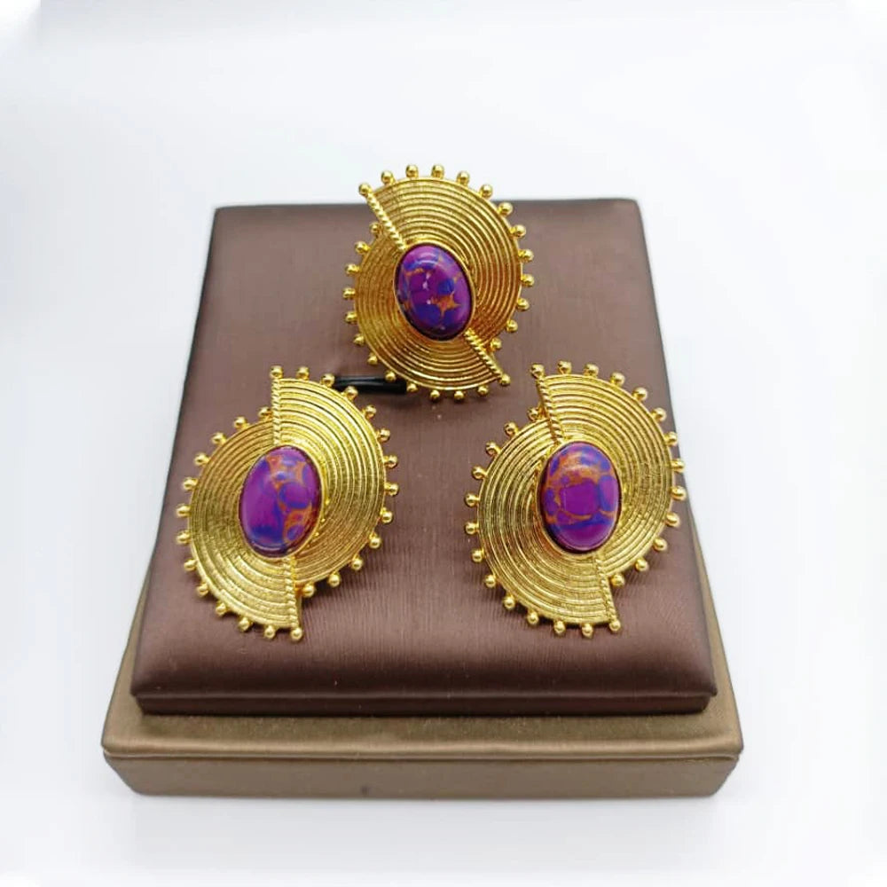 African Jewelry Set for Women Spiral Shape New Fashion Purpuse Stone Earrings Finger Ring Dubai Indian Luxury Gold Color Jewelry