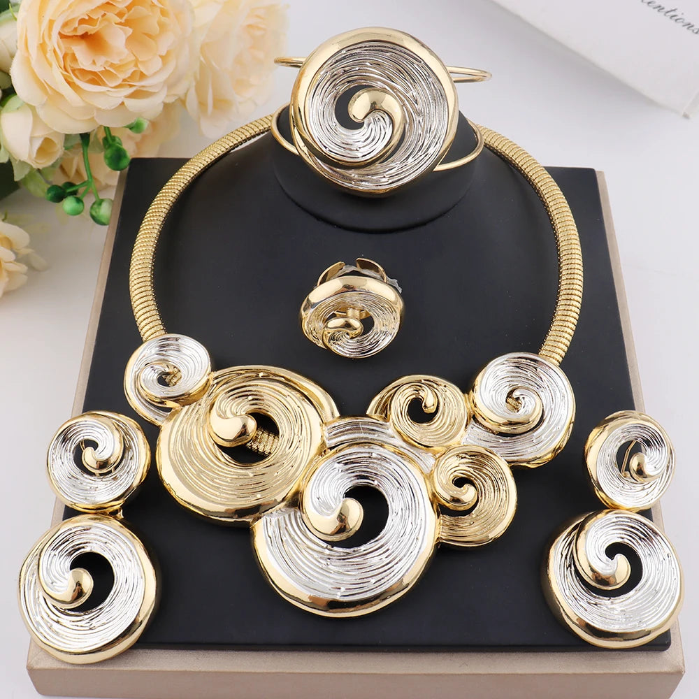 Fashionable Summer Vacation Jewelry Set for Women Ocean Sea Wave Shape Earring Necklace  Exaggerated Ring Bangle for Beach Party