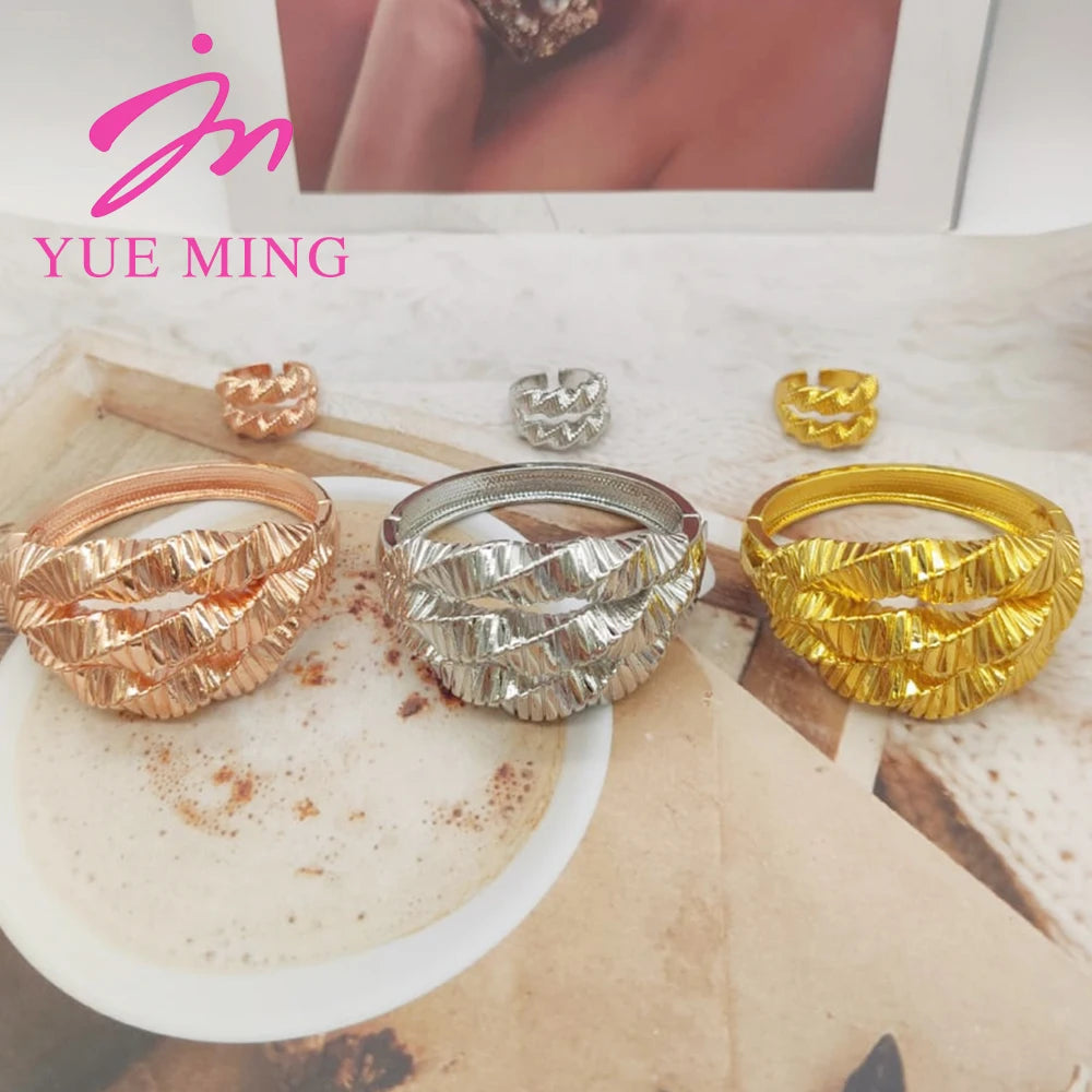 Dubai Gold Plated Jewelry Set Luxury Bangles Wedding Party Jewellery Women Charm Bracelets with Ring Anniversary Gifts Wholesale