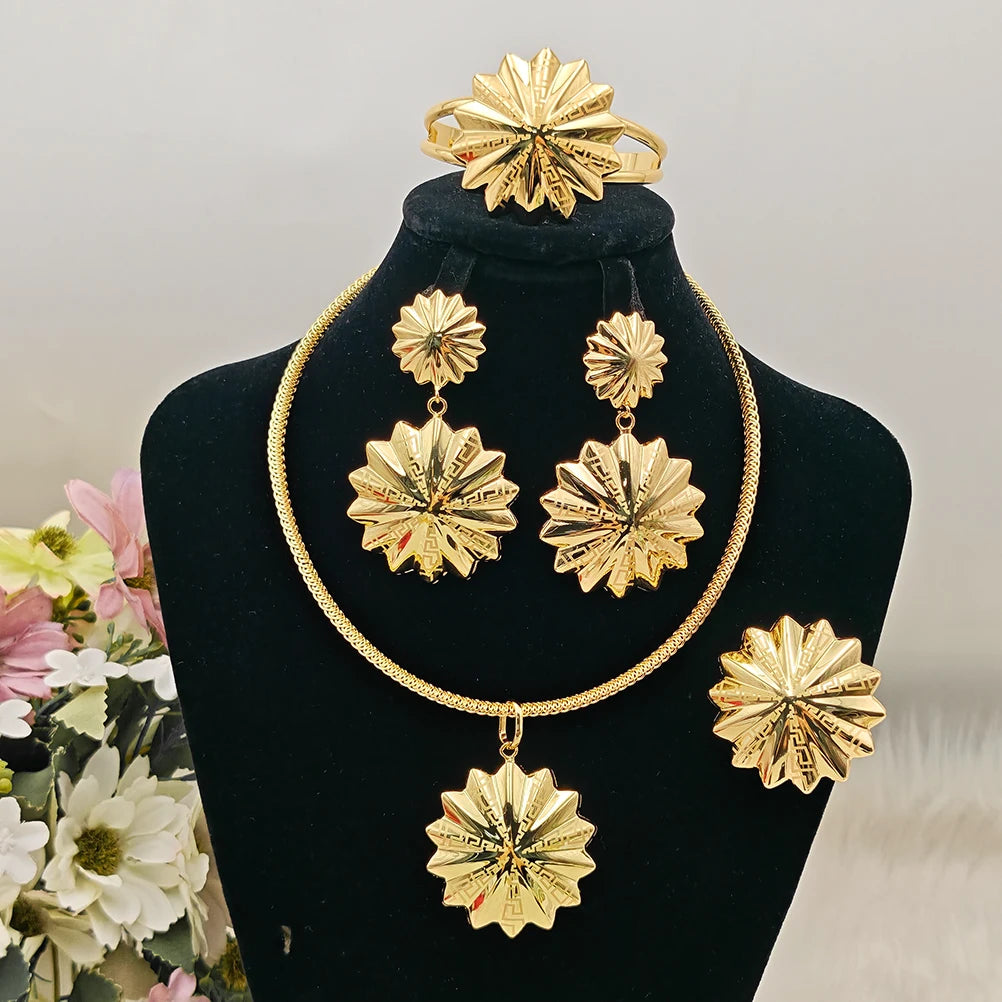 New Trendy Luxury Earrings Necklace Ring Bangle For Women Sun Shape Jewelry Sets For  Wedding Party Dubai Bridal Banquet Gift
