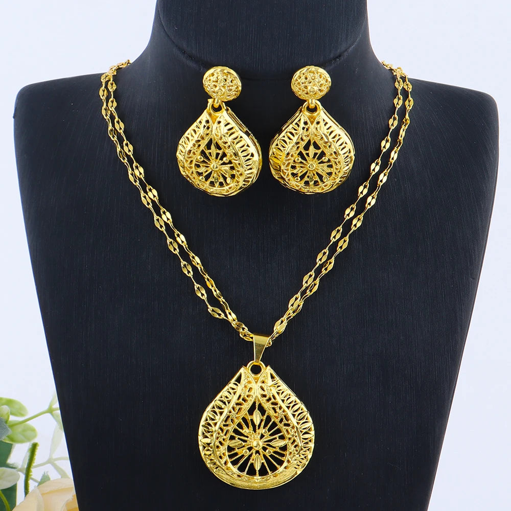Dubai Party 24k Gold Plated Jewelry Sets for Women Mid East Bridal Costume Necklace Earrings Sets Indian Wedding Party Gifts