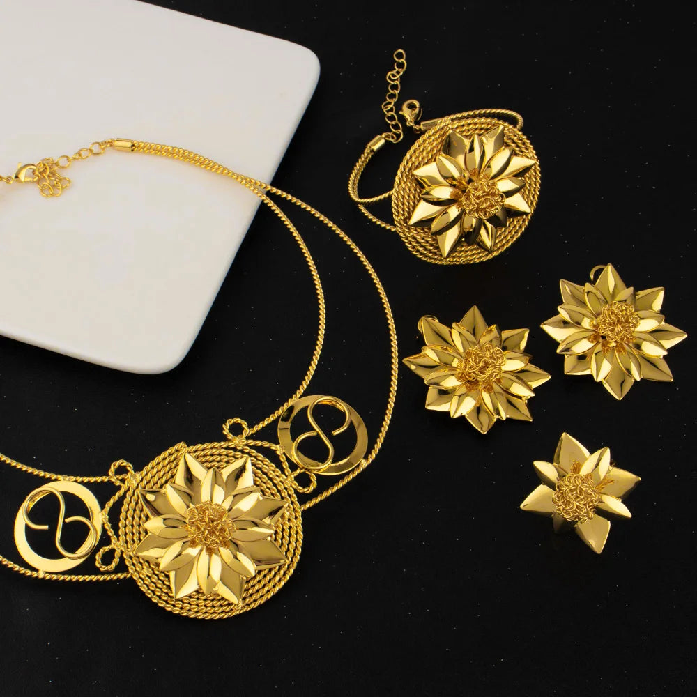 Golden Color Fashion Luxury jewelry sets Bangle Earrings Ring Necklace woman for Dubai African Women Party Jewelry Gifts