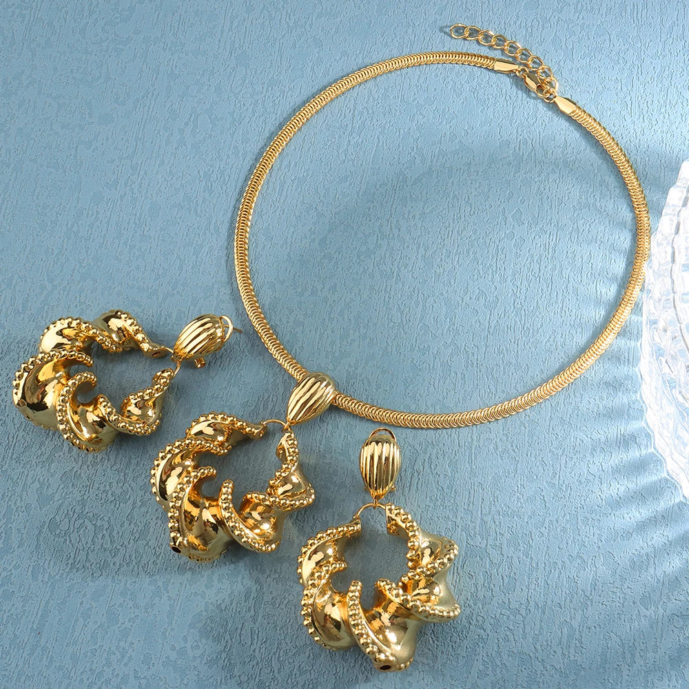 2022 Trend Gold Plated Dubai Jewelry Sets For Women African Party Wedding Gifts Necklace And Earrings 45+5cm Pendant