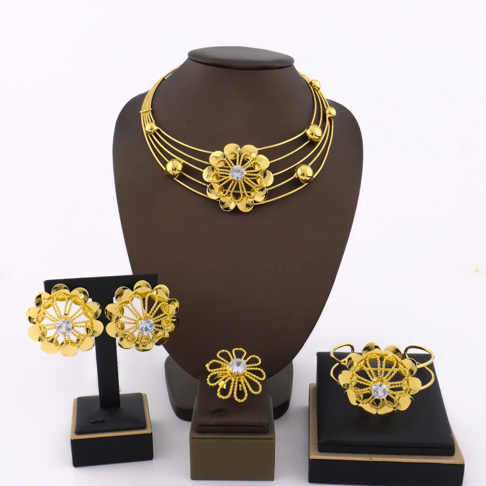 YM 2025 Hollow out Flowers Shape Jewelry Sets For Dubai Women Charming Earrings Bangle Necklace and Ring Sets Gift For Wedding