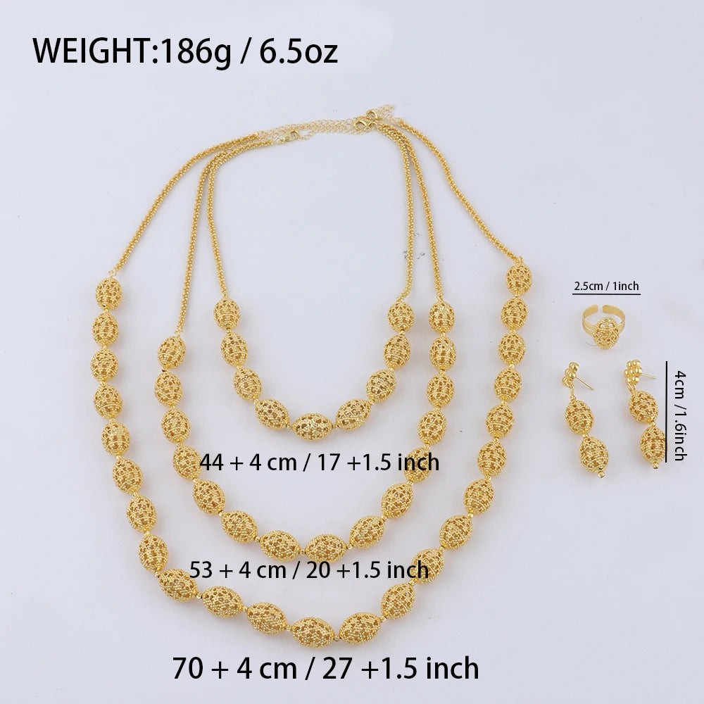women gold jewelry set indian arabic african ethiopian gold jewelry set Hollow Out Oval Necklace Earrings Ring free shipping