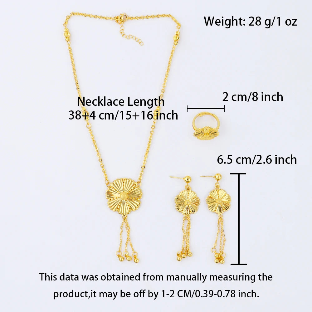Boho Hot Selling Shiny Zinc Alloy Flower Necklace Earrings Ring New Design Jewelry Set for Woman Chic Retro Wedding Jewelry Gift