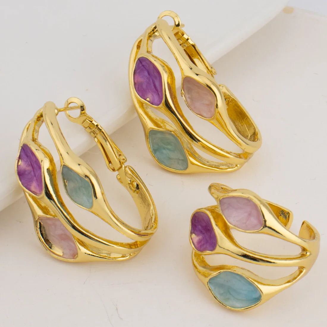 Colorful Women Earrings Ring Congo Africa Trendy Earrings Jewelry Advanced Shine Gold Plated Ring Women's Day Wedding Party