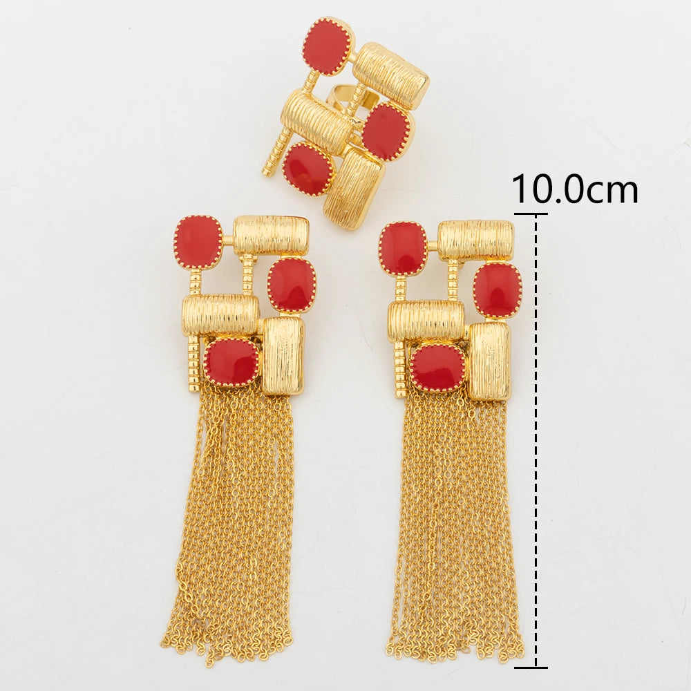 Bohemian New Fashion Red Zircon Earrings Ring Set Dubai Vintage Gold Color Jewelry Women's Bride Jewellery Wedding Party Gifts
