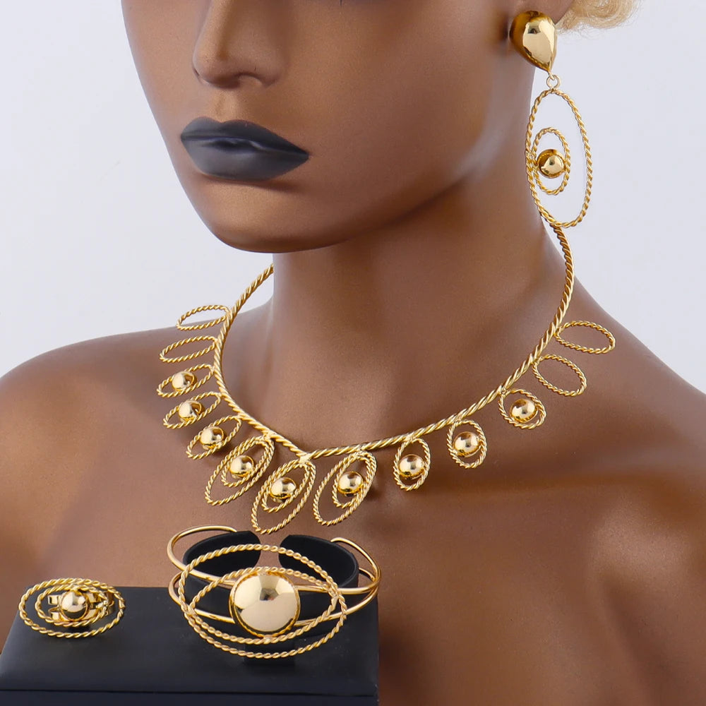 Fashion Gold Plated Necklace Earrings Bracelet Ring Set for Women Irregular Hollow Design Jewelry for Party Wedding Banquet