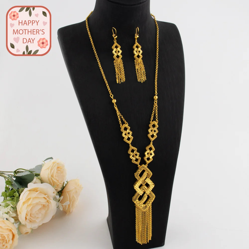 Mid East Fashion Gold Color Tassels Necklace Earrings Sets For Women Dubai India Senior Sparkle Jewelry Gifts For Party Mother