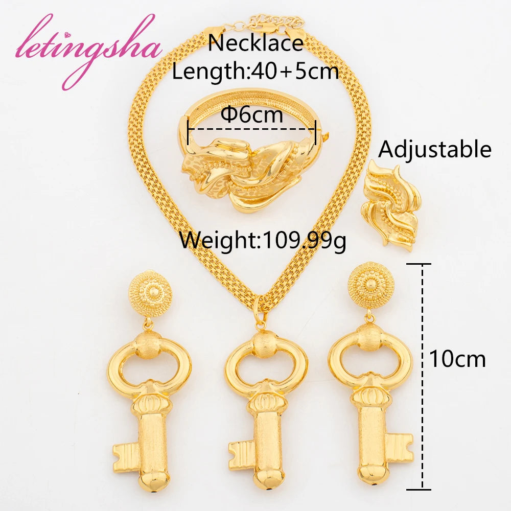 African Copper Gold Plated Jewelry Set Hip Hop Key Design Necklace Earrings Luxury Classic Bangle Ring Set Daily Wear Party Gift