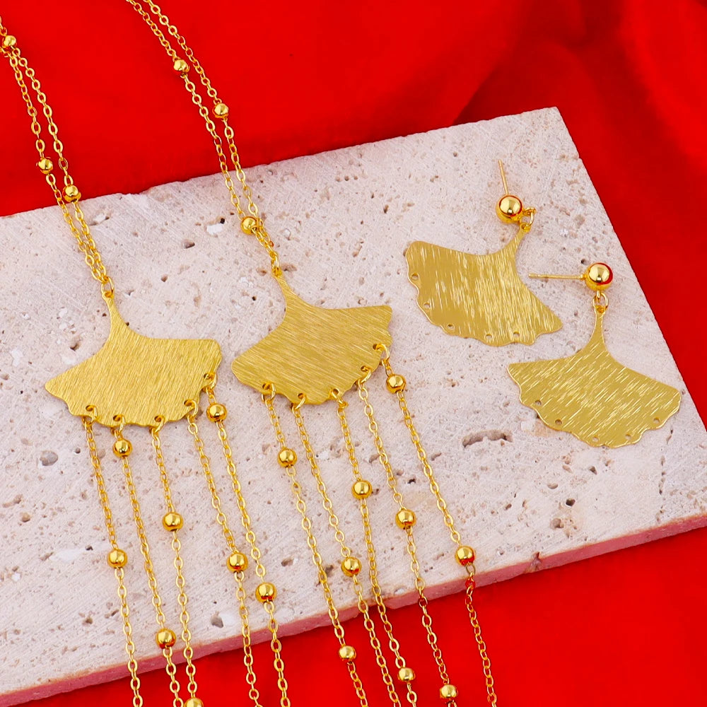 Dubai America Gold Color Jewelry Set for Women Elegant Ginkgo Leaf Chain Hoop Earrings Long Tassels Jewelry Set Party Gift